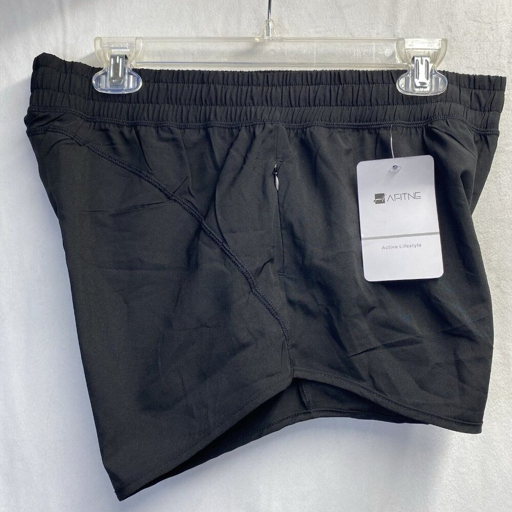AFITNE Lined Elastic Waist Athletic Running Shorts Women Large Black Zip Pocket - Picture 8 of 14